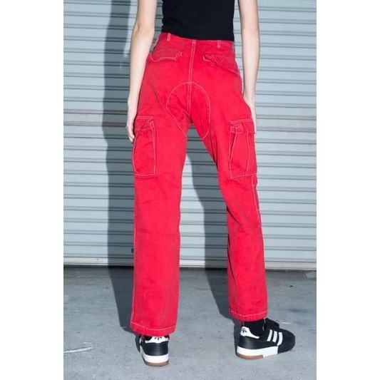 Brandy Melville 紅色燈芯絨高腰工裝長褲直筒褲縮口-細節圖5