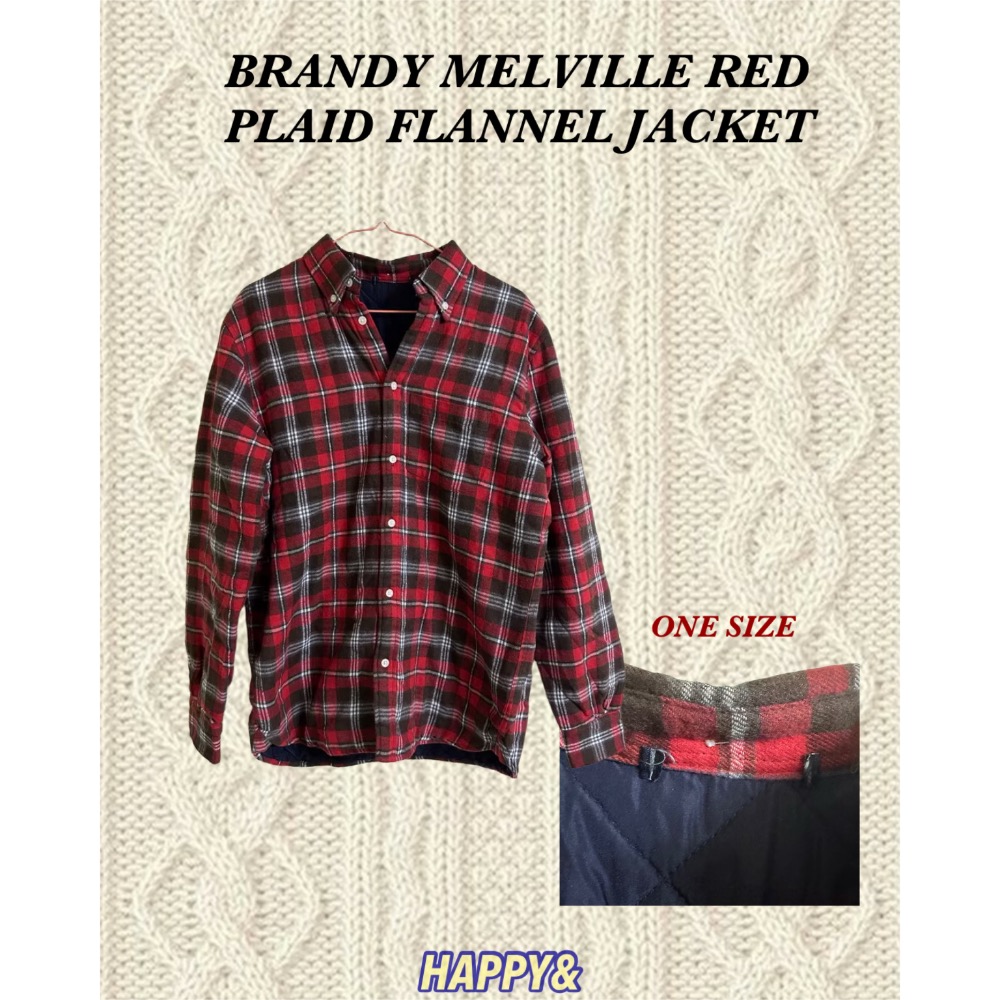 Brandy Melville 紅色格紋內鋪棉法蘭絨長袖排扣立領襯衫外套-細節圖2