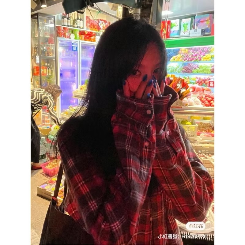 Brandy Melville 紅色格紋內鋪棉法蘭絨長袖排扣立領襯衫外套-細節圖3