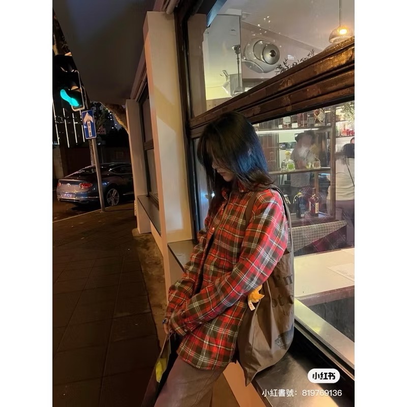 Brandy Melville 紅色格紋內鋪棉法蘭絨長袖排扣立領襯衫外套-細節圖4