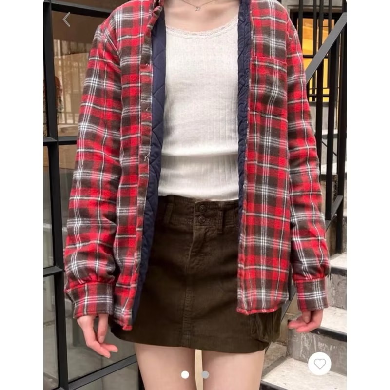 Brandy Melville 紅色格紋內鋪棉法蘭絨長袖排扣立領襯衫外套-細節圖5