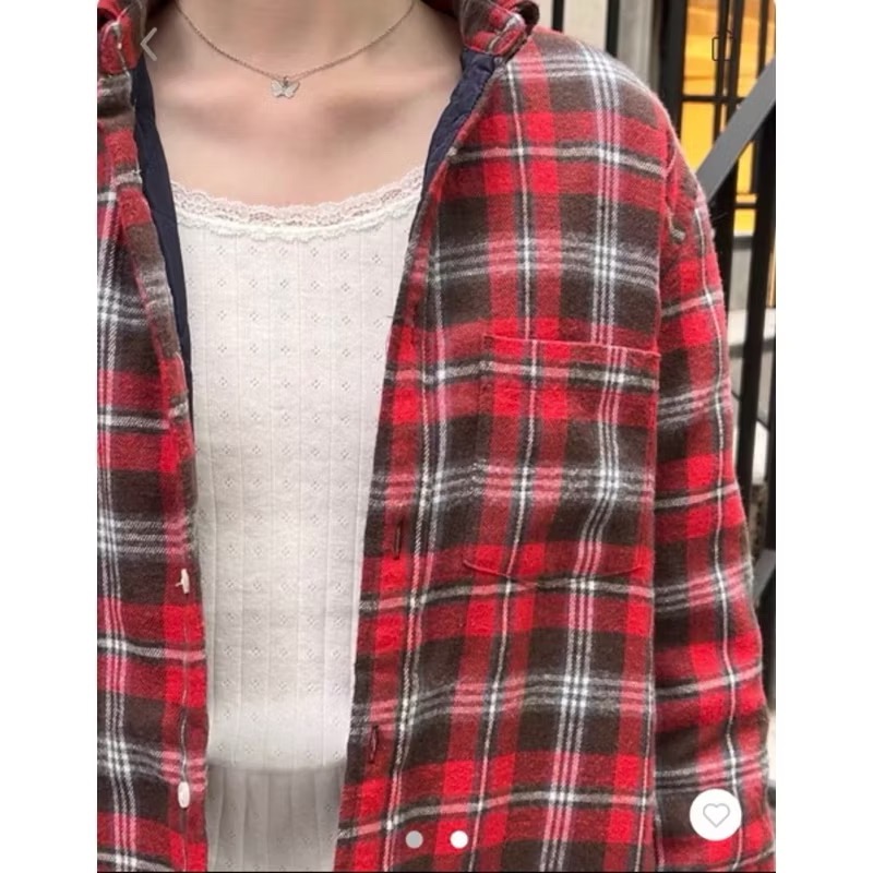 Brandy Melville 紅色格紋內鋪棉法蘭絨長袖排扣立領襯衫外套-細節圖6
