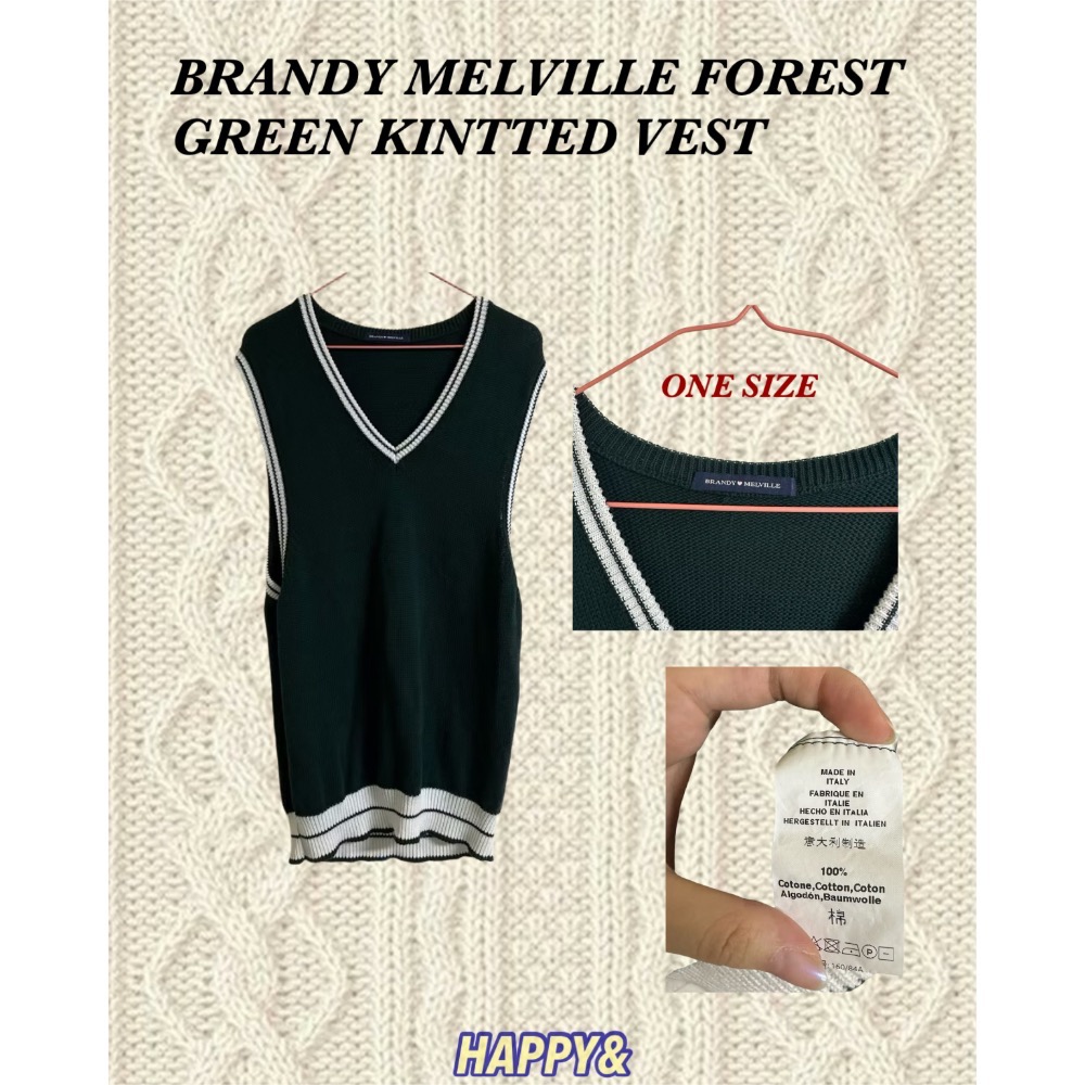 Brandy Melville 義大利製墨綠色學院風白色滾邊V領寬鬆針織無袖背心-細節圖2