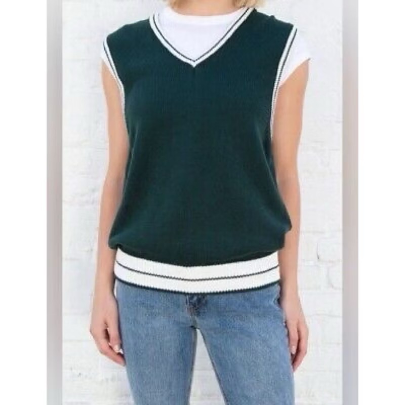 Brandy Melville 義大利製墨綠色學院風白色滾邊V領寬鬆針織無袖背心-細節圖3