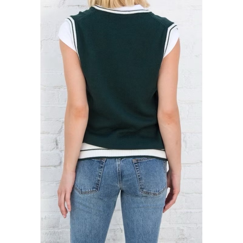 Brandy Melville 義大利製墨綠色學院風白色滾邊V領寬鬆針織無袖背心-細節圖4