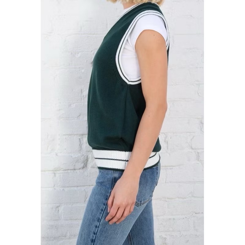 Brandy Melville 義大利製墨綠色學院風白色滾邊V領寬鬆針織無袖背心-細節圖5
