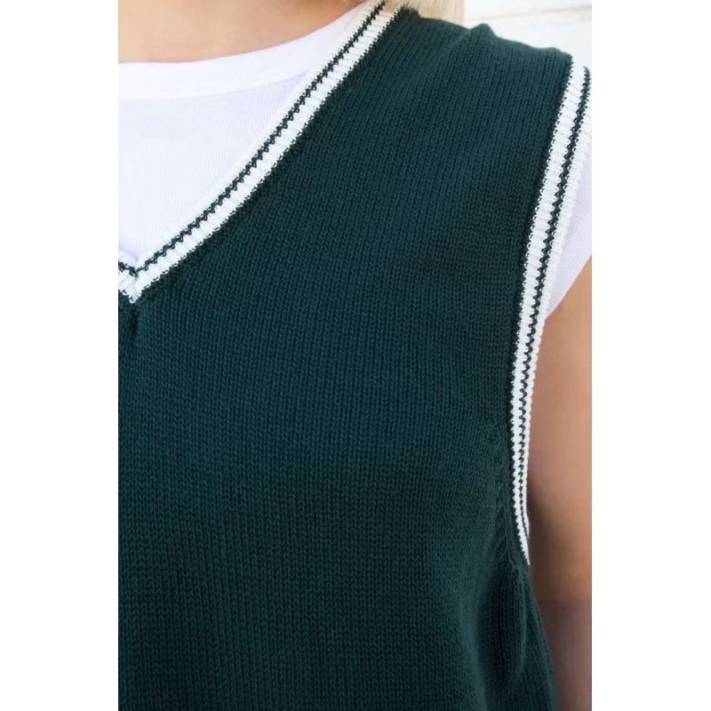 Brandy Melville 義大利製墨綠色學院風白色滾邊V領寬鬆針織無袖背心-細節圖6