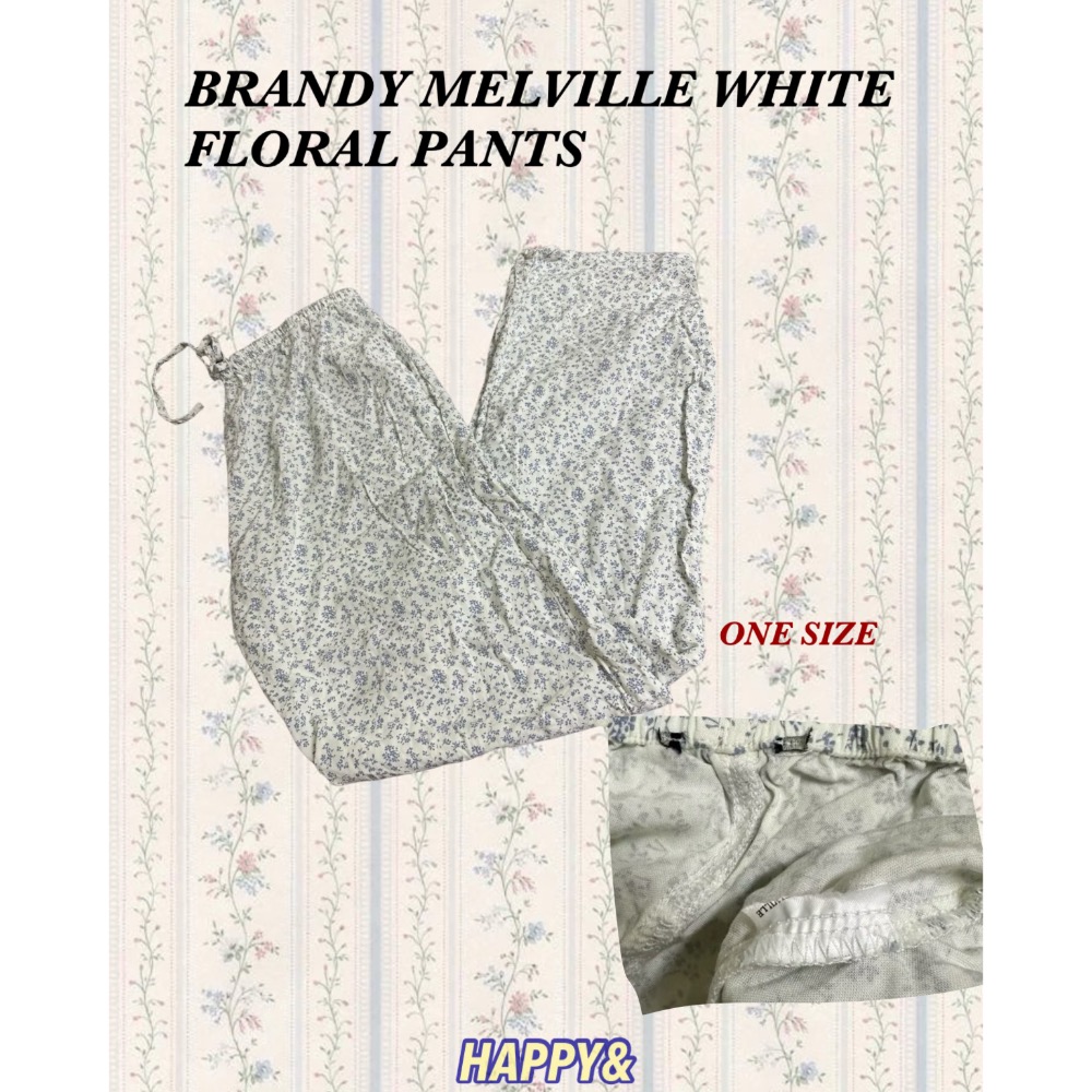 Brandy Melville白色藍色碎花抽繩綁帶直筒長褲舒服寬鬆居家褲-細節圖2
