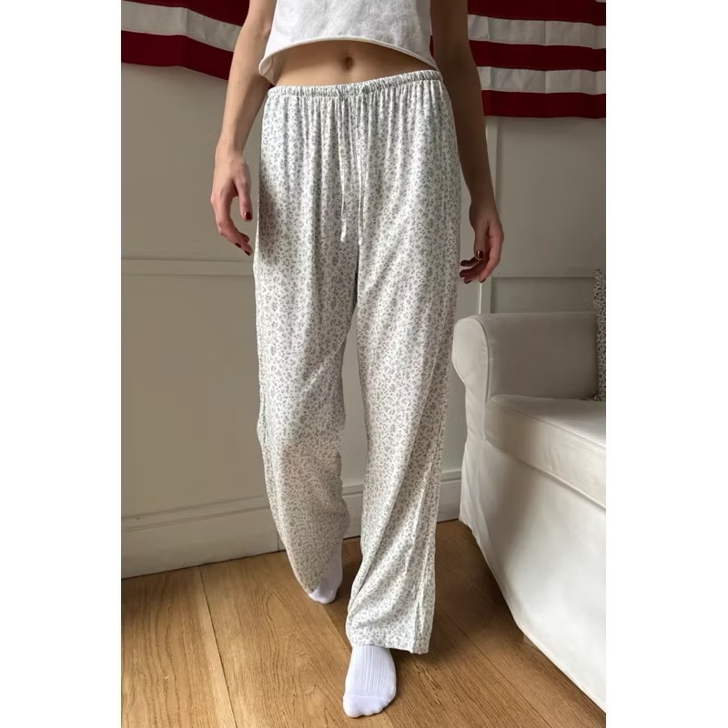 Brandy Melville白色藍色碎花抽繩綁帶直筒長褲舒服寬鬆居家褲-細節圖3