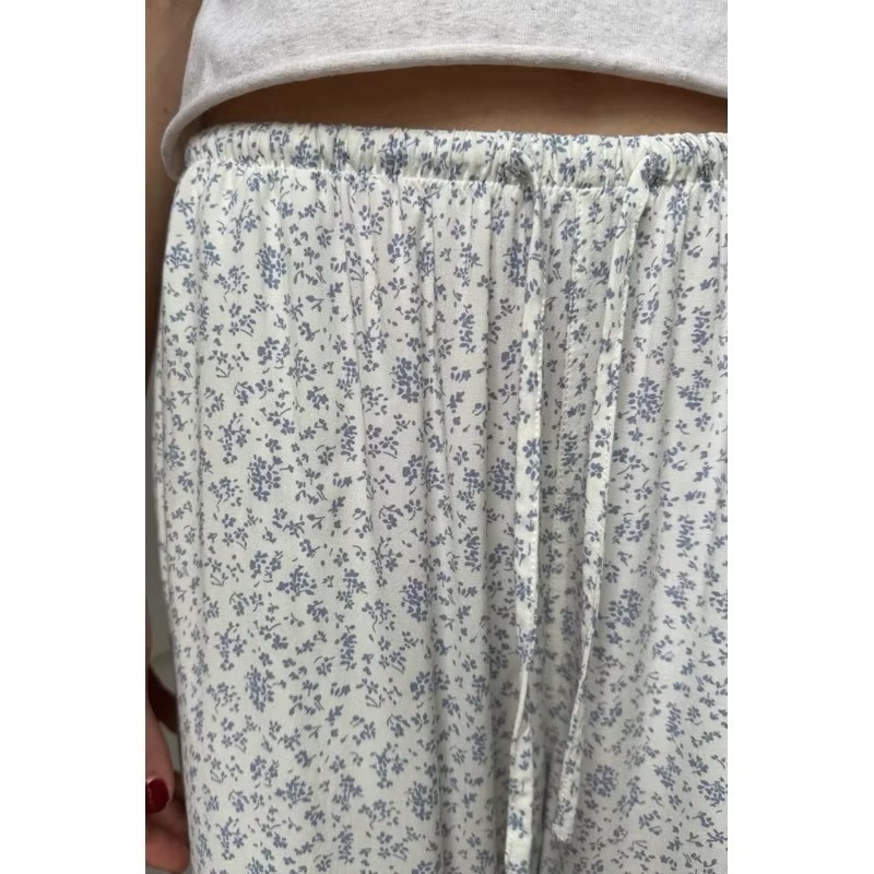 Brandy Melville白色藍色碎花抽繩綁帶直筒長褲舒服寬鬆居家褲-細節圖4