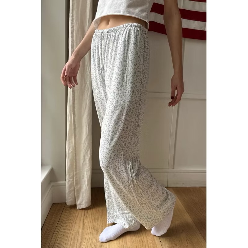 Brandy Melville白色藍色碎花抽繩綁帶直筒長褲舒服寬鬆居家褲-細節圖5