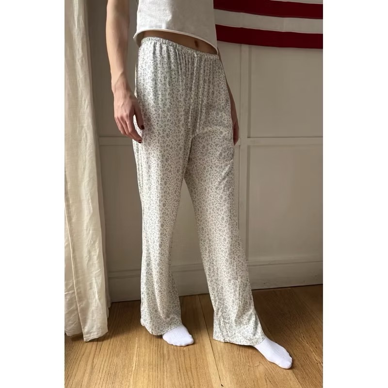 Brandy Melville白色藍色碎花抽繩綁帶直筒長褲舒服寬鬆居家褲-細節圖6