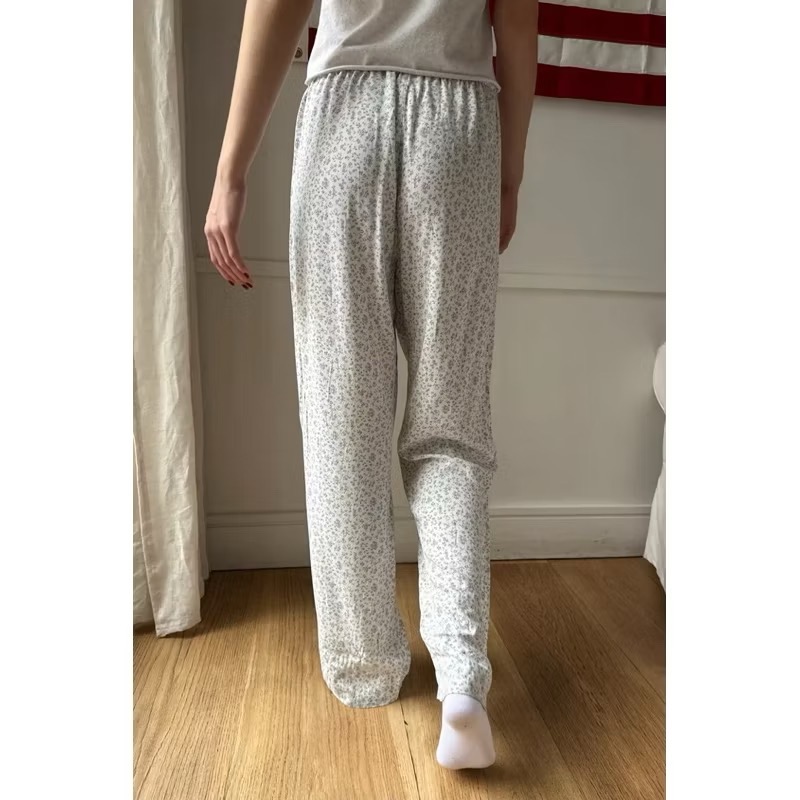 Brandy Melville白色藍色碎花抽繩綁帶直筒長褲舒服寬鬆居家褲-細節圖7