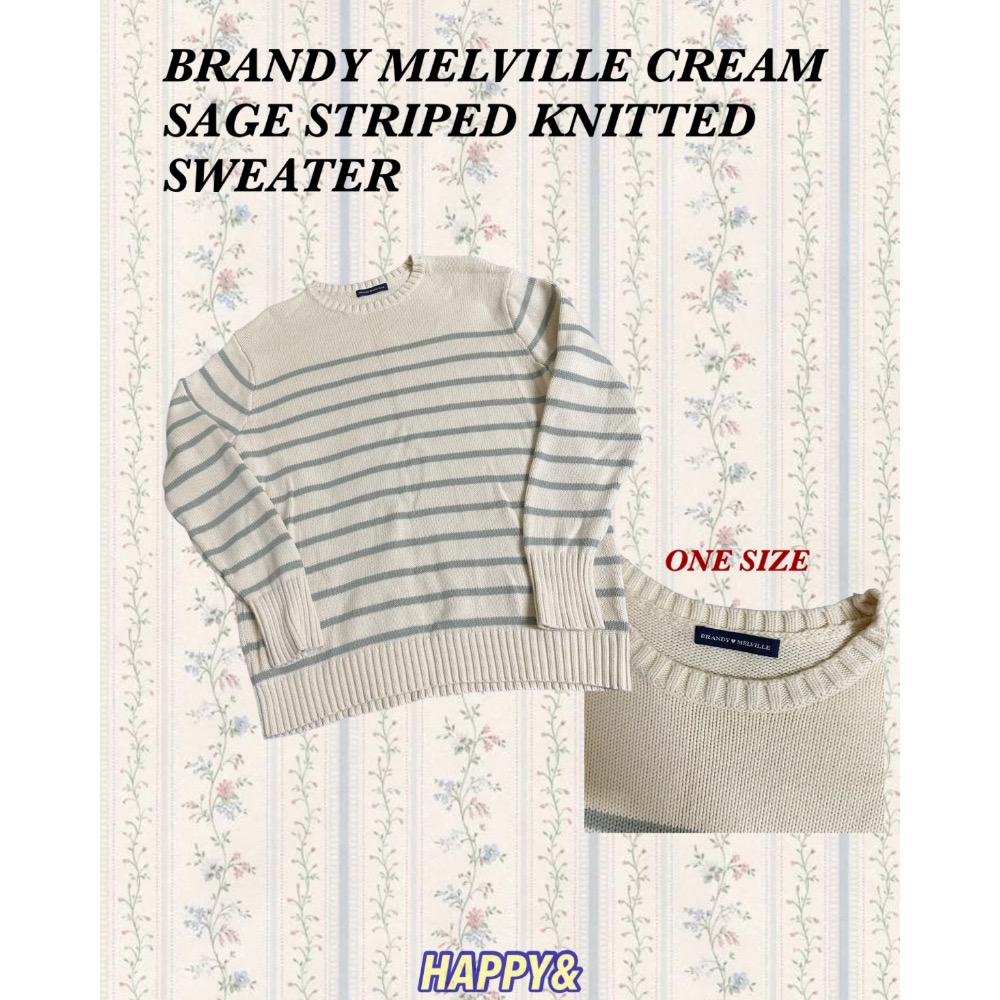 Brandy Melville 杏色抹茶綠條紋寬鬆針織圓領長袖毛衣-細節圖2