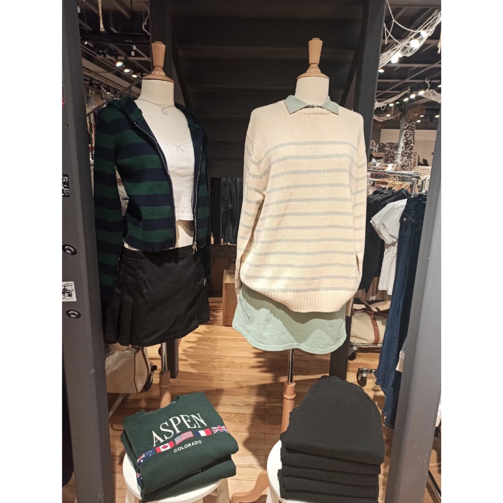 Brandy Melville 杏色抹茶綠條紋寬鬆針織圓領長袖毛衣-細節圖3