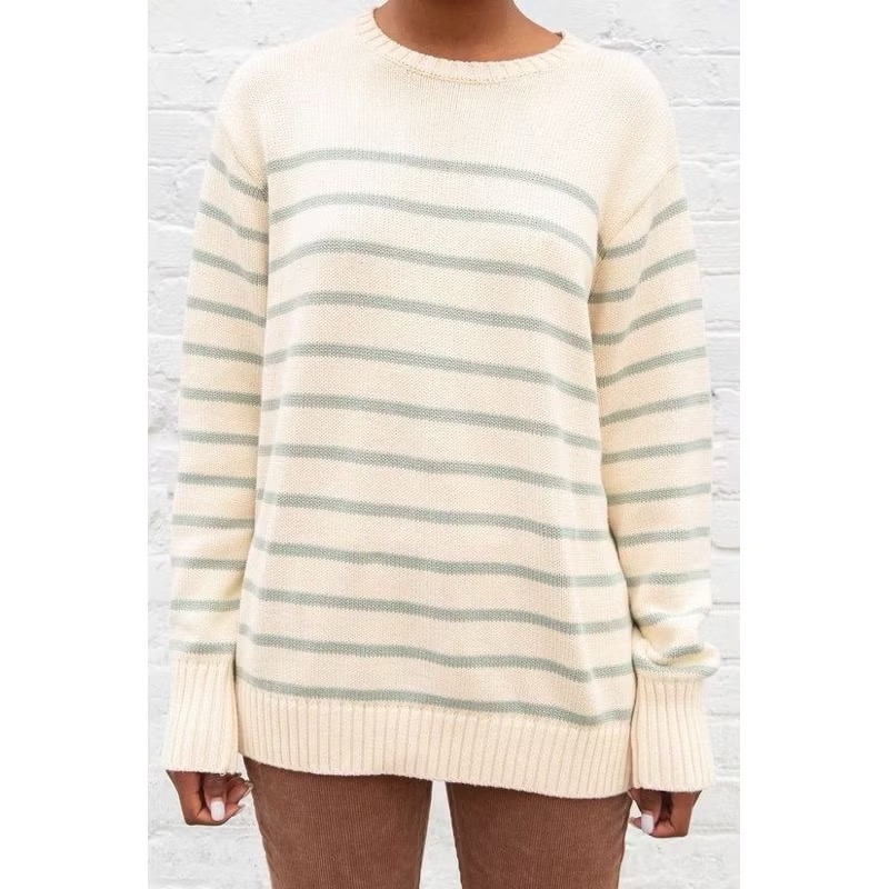 Brandy Melville 杏色抹茶綠條紋寬鬆針織圓領長袖毛衣-細節圖5