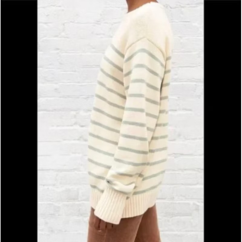 Brandy Melville 杏色抹茶綠條紋寬鬆針織圓領長袖毛衣-細節圖6