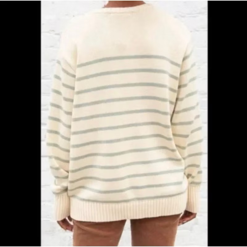 Brandy Melville 杏色抹茶綠條紋寬鬆針織圓領長袖毛衣-細節圖7