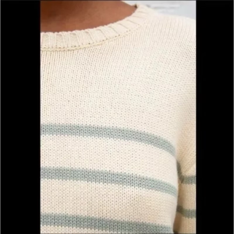 Brandy Melville 杏色抹茶綠條紋寬鬆針織圓領長袖毛衣-細節圖8