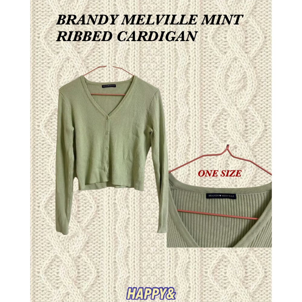 Brandy Melville 淺綠色坑條紋V領排扣針織長袖上衣外罩衫shannon sweater-細節圖2