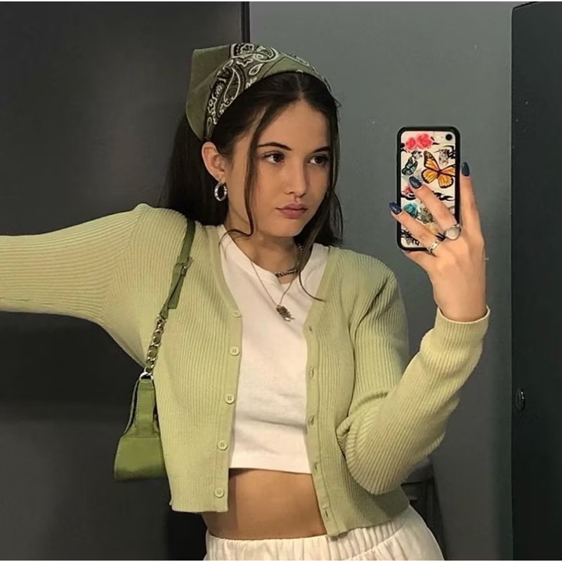 Brandy Melville 淺綠色坑條紋V領排扣針織長袖上衣外罩衫shannon sweater-細節圖4