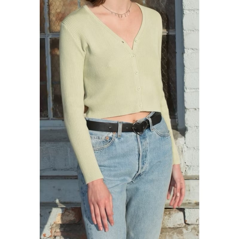 Brandy Melville 淺綠色坑條紋V領排扣針織長袖上衣外罩衫shannon sweater-細節圖8
