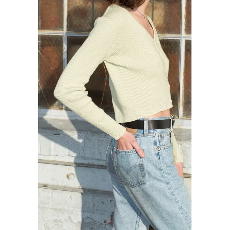 Brandy Melville 淺綠色坑條紋V領排扣針織長袖上衣外罩衫shannon sweater-細節圖9