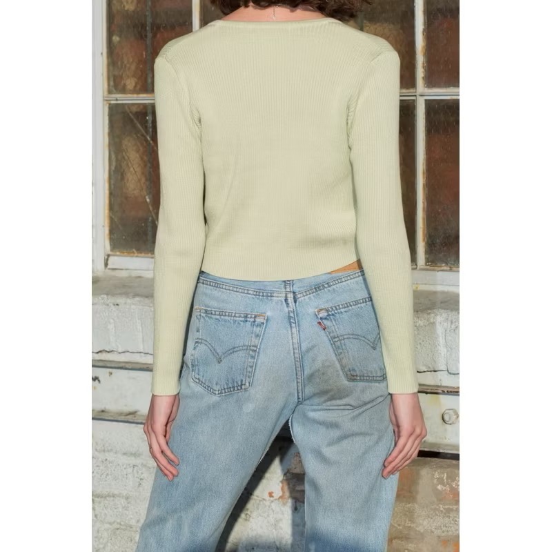 Brandy Melville 淺綠色坑條紋V領排扣針織長袖上衣外罩衫shannon sweater-細節圖10