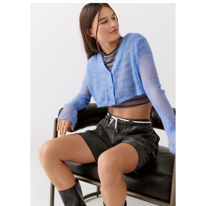 UO urban outfitters 藍色針織洞洞排扣短版長袖外罩衫-細節圖3