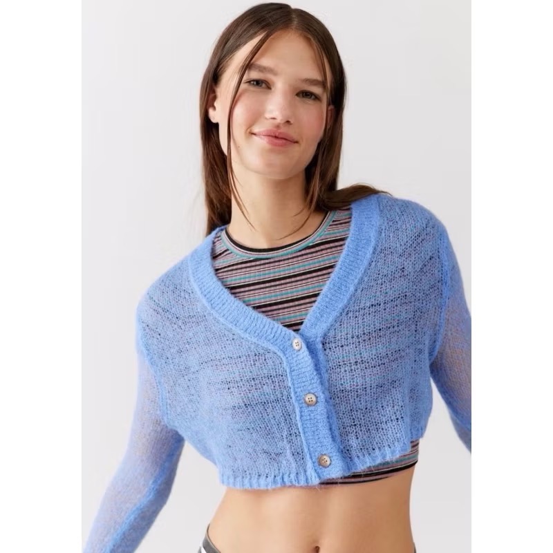 UO urban outfitters 藍色針織洞洞排扣短版長袖外罩衫-細節圖4