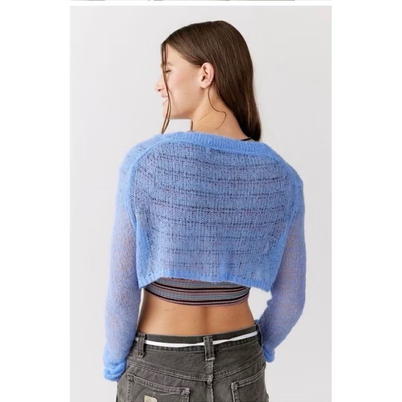 UO urban outfitters 藍色針織洞洞排扣短版長袖外罩衫-細節圖5