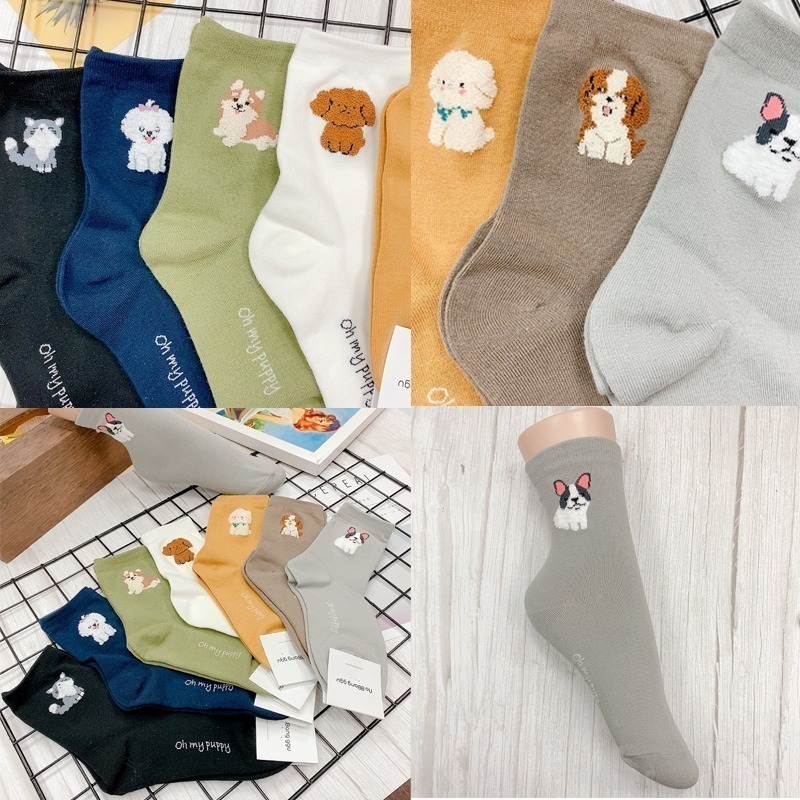韓國襪子 可愛動物  女襪  素色長襪 中筒襪 狗狗 貓貓 馬爾濟斯 貴賓狗-細節圖3