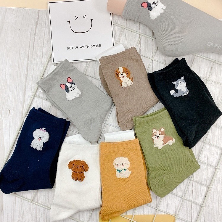韓國襪子 可愛動物  女襪  素色長襪 中筒襪 狗狗 貓貓 馬爾濟斯 貴賓狗-細節圖5