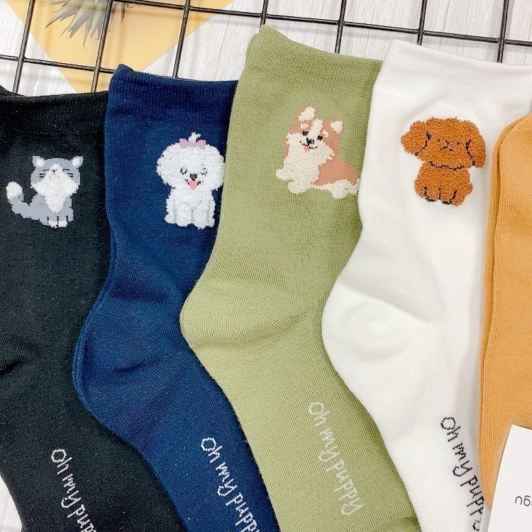 韓國襪子 可愛動物  女襪  素色長襪 中筒襪 狗狗 貓貓 馬爾濟斯 貴賓狗-細節圖6