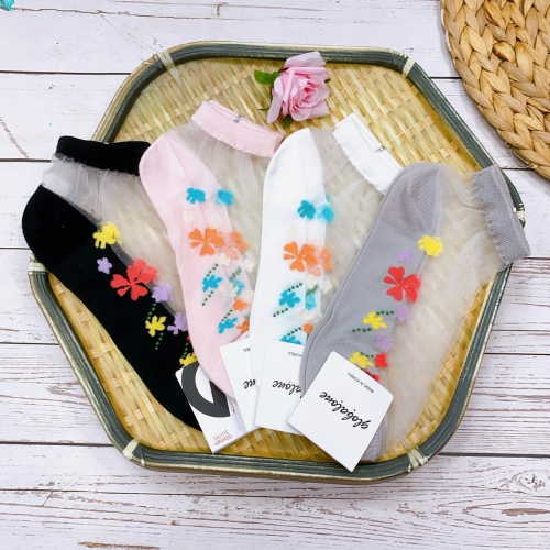 韓國襪子 透明小花短襪 休閒襪 女襪 透膚襪 玻璃襪 透氣襪