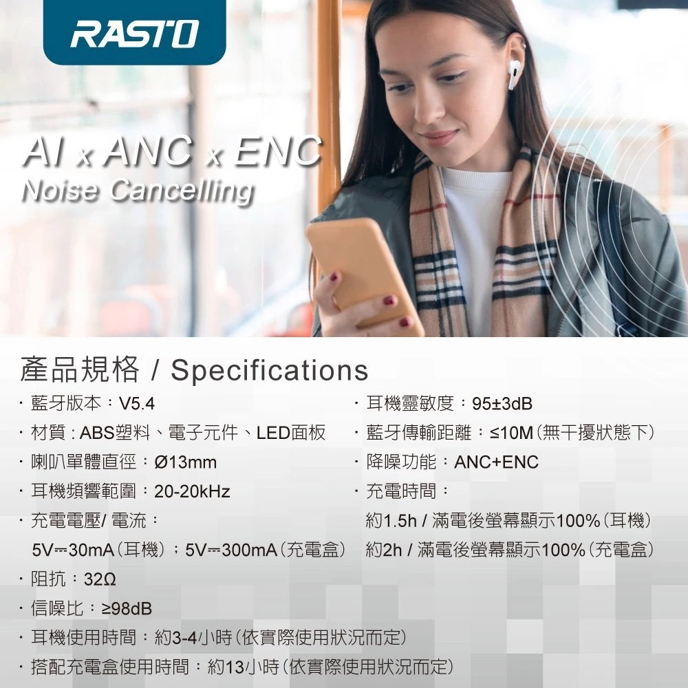 RASTO RS70 AI智能全觸控螢幕ANC ENC主動降噪藍牙5.4耳機 觸控螢幕 直覺操作-細節圖10