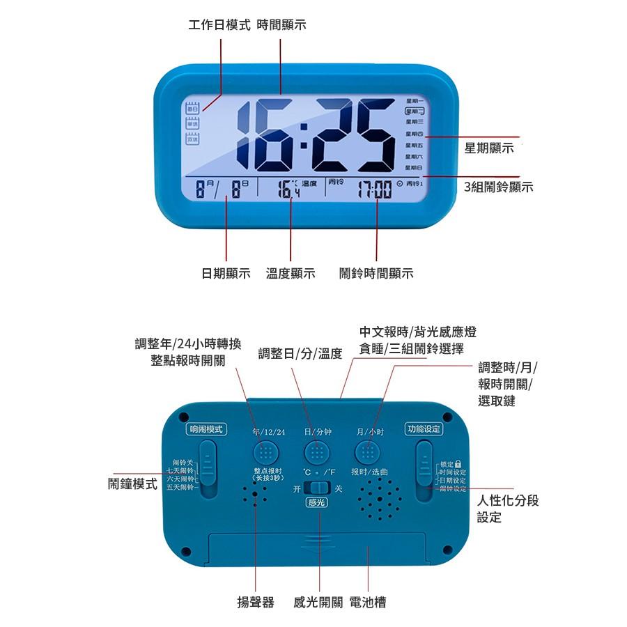 板橋現貨【第五代聰明鐘】三組鬧鐘.LED鬧鐘.貪睡鬧鐘.語音報時.光感夜光.溫度計.萬年曆.星期【傻瓜批發】(G103)-細節圖5