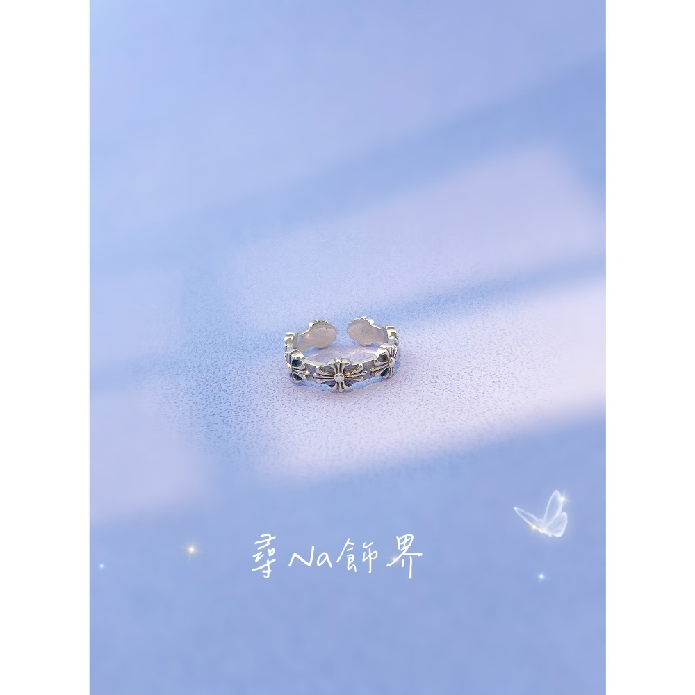 S925純銀克羅心十字架花開口戒指-細節圖2