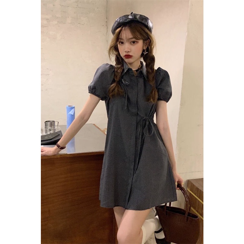 【三番雜貨屋】夏季褶皺繫帶格子襯衫裙 收腰顯痩 氣質設計感 小眾復古 連衣裙-細節圖2
