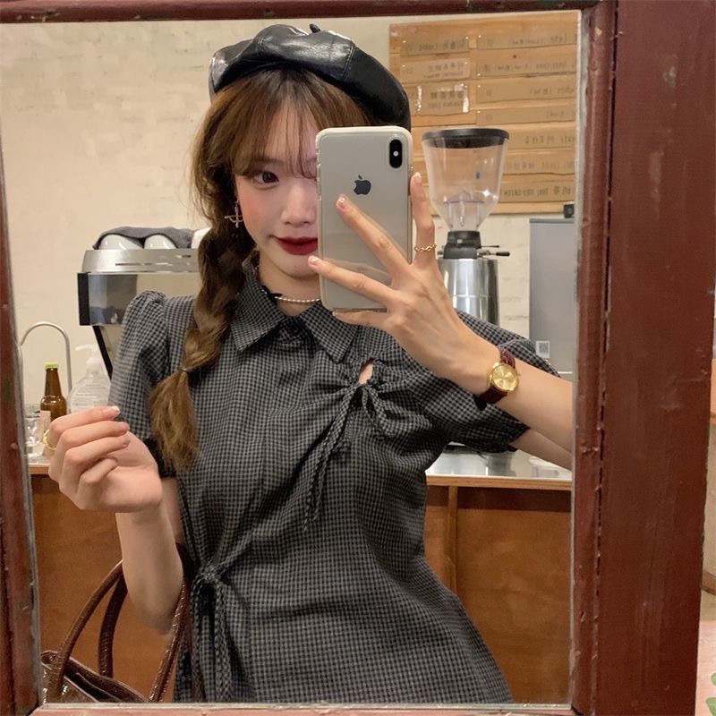 【三番雜貨屋】夏季褶皺繫帶格子襯衫裙 收腰顯痩 氣質設計感 小眾復古 連衣裙-細節圖3