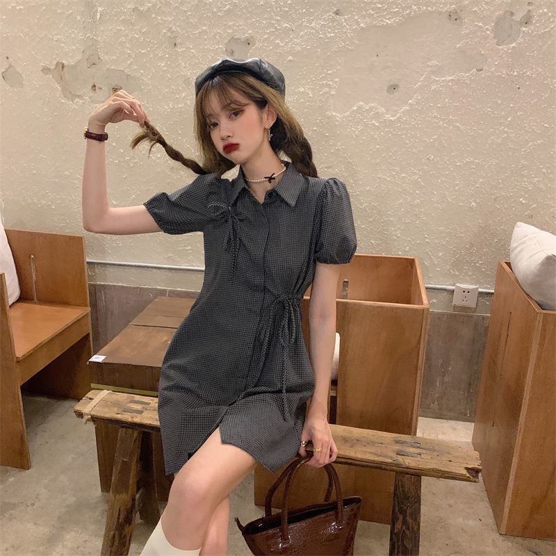 【三番雜貨屋】夏季褶皺繫帶格子襯衫裙 收腰顯痩 氣質設計感 小眾復古 連衣裙-細節圖4