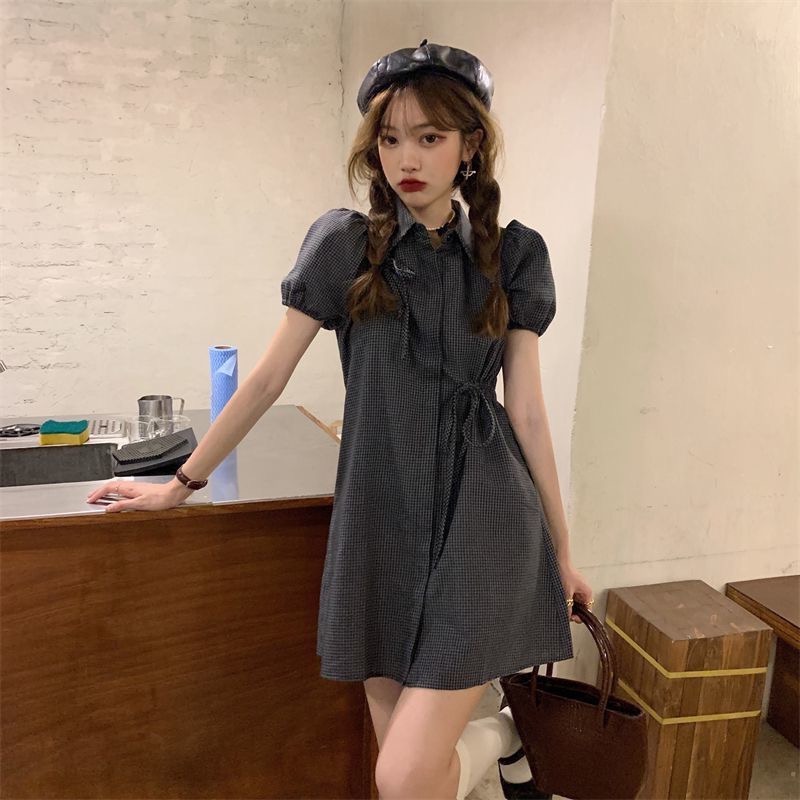 【三番雜貨屋】夏季褶皺繫帶格子襯衫裙 收腰顯痩 氣質設計感 小眾復古 連衣裙-細節圖6