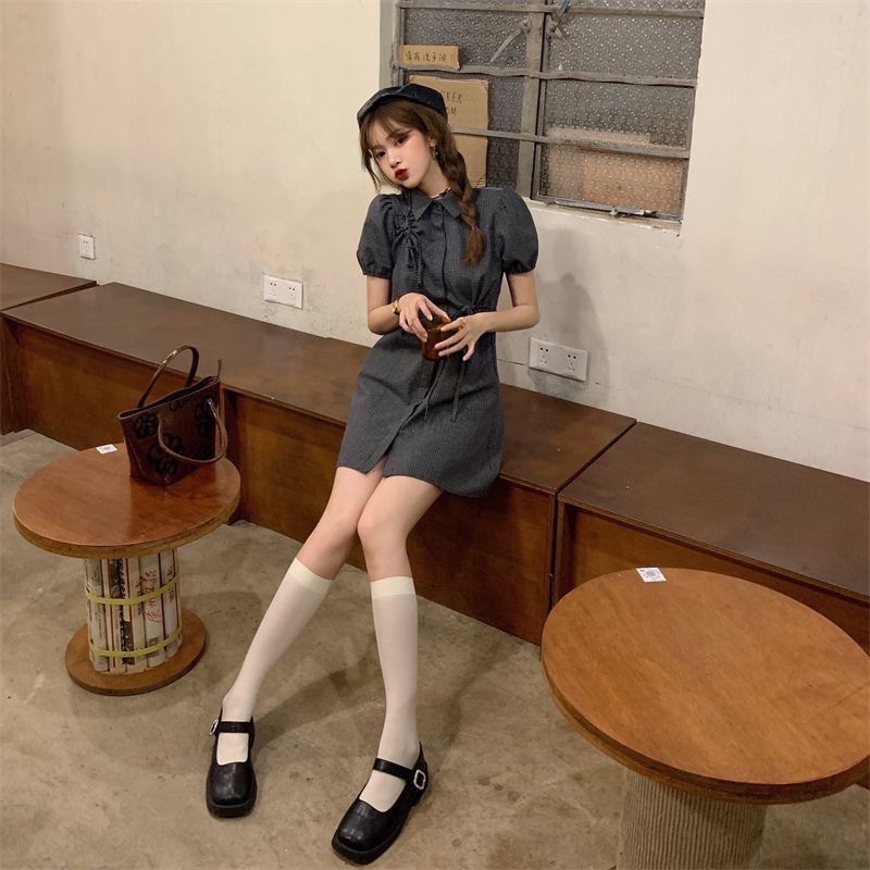 【三番雜貨屋】夏季褶皺繫帶格子襯衫裙 收腰顯痩 氣質設計感 小眾復古 連衣裙-細節圖7