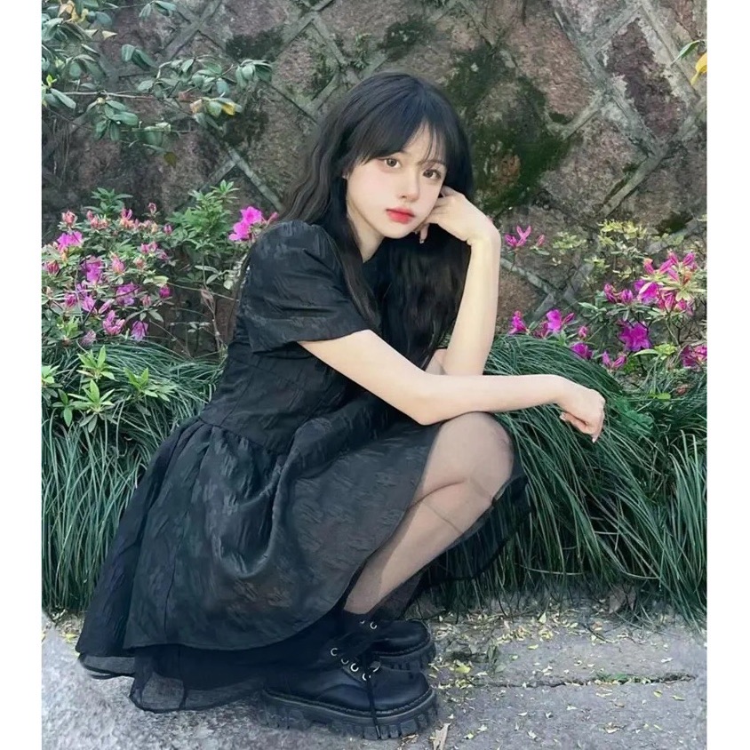 【三番雜貨屋】Sun日落新中式設計復古黑色連衣裙 小眾設計公主蓬蓬裙-細節圖2