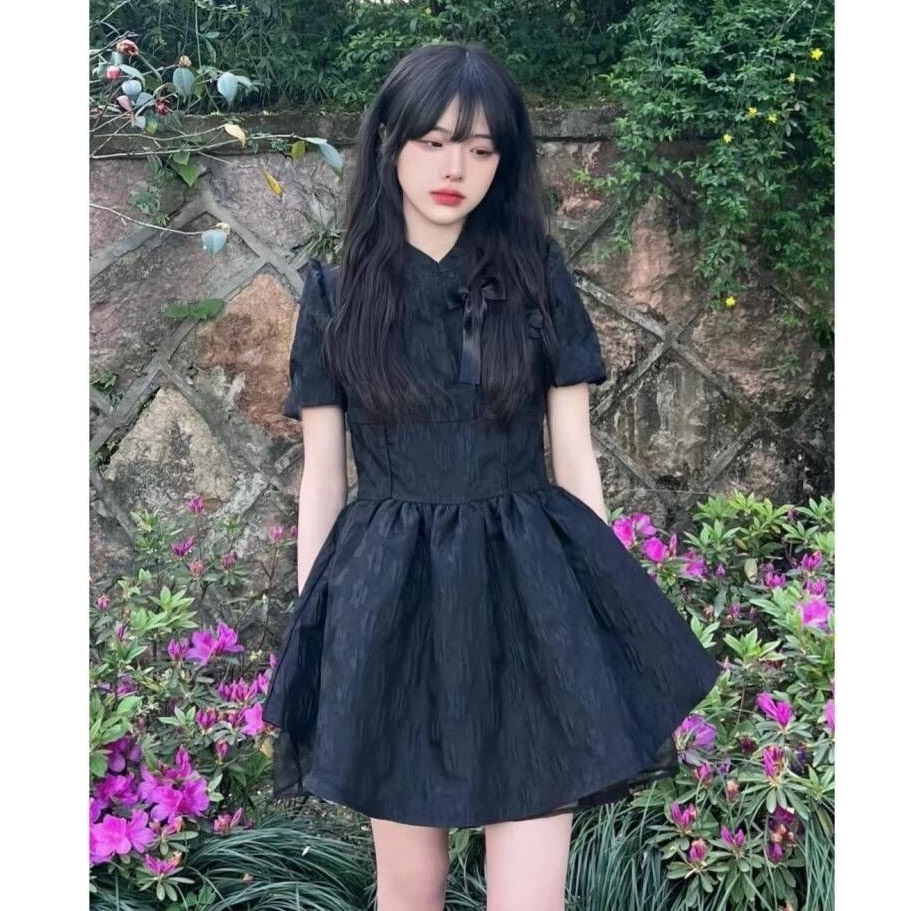 【三番雜貨屋】Sun日落新中式設計復古黑色連衣裙 小眾設計公主蓬蓬裙-細節圖5