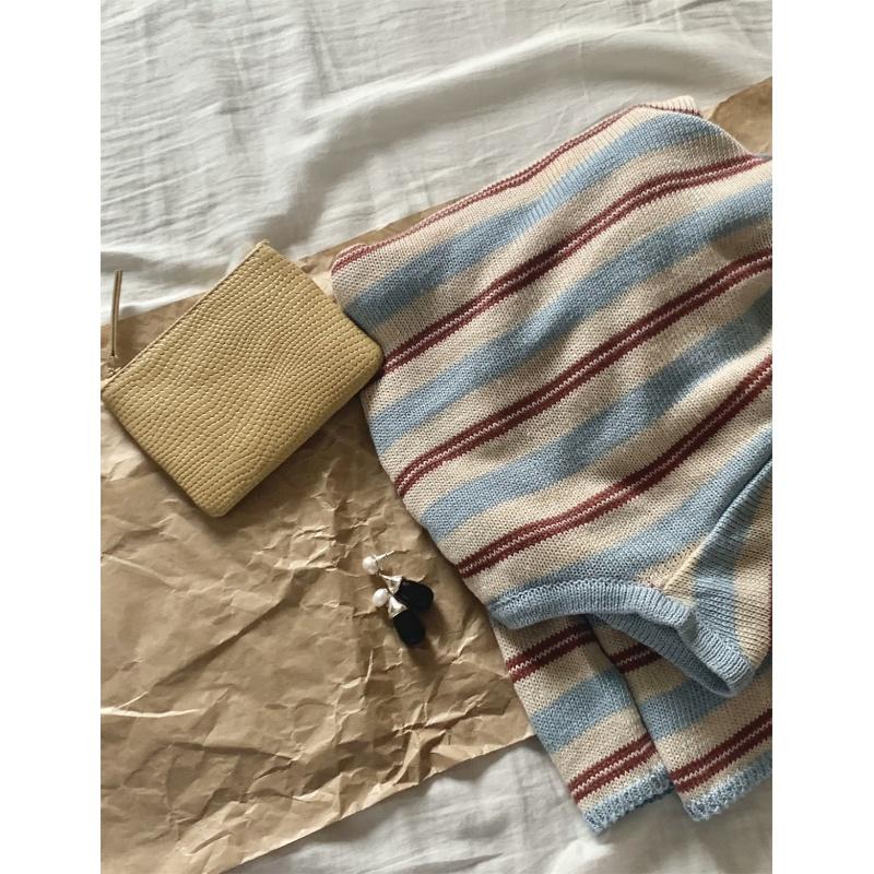 【三番雜貨屋】早秋新款韓版 薄款V領 高質感寬鬆慵懶風休閒上衣 條紋長袖針織衫女-細節圖2