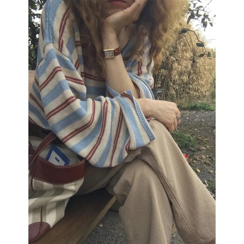 【三番雜貨屋】早秋新款韓版 薄款V領 高質感寬鬆慵懶風休閒上衣 條紋長袖針織衫女-細節圖4