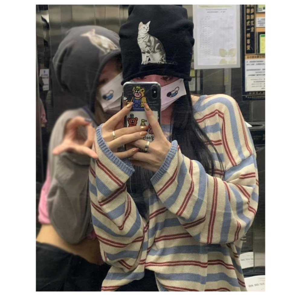 【三番雜貨屋】早秋新款韓版 薄款V領 高質感寬鬆慵懶風休閒上衣 條紋長袖針織衫女-細節圖5