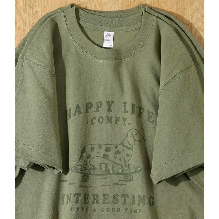 【三番雜貨屋】Happy 臘腸狗  純棉上衣 短袖 寬鬆美式復古 原宿慵懶風 日系少女感-細節圖2