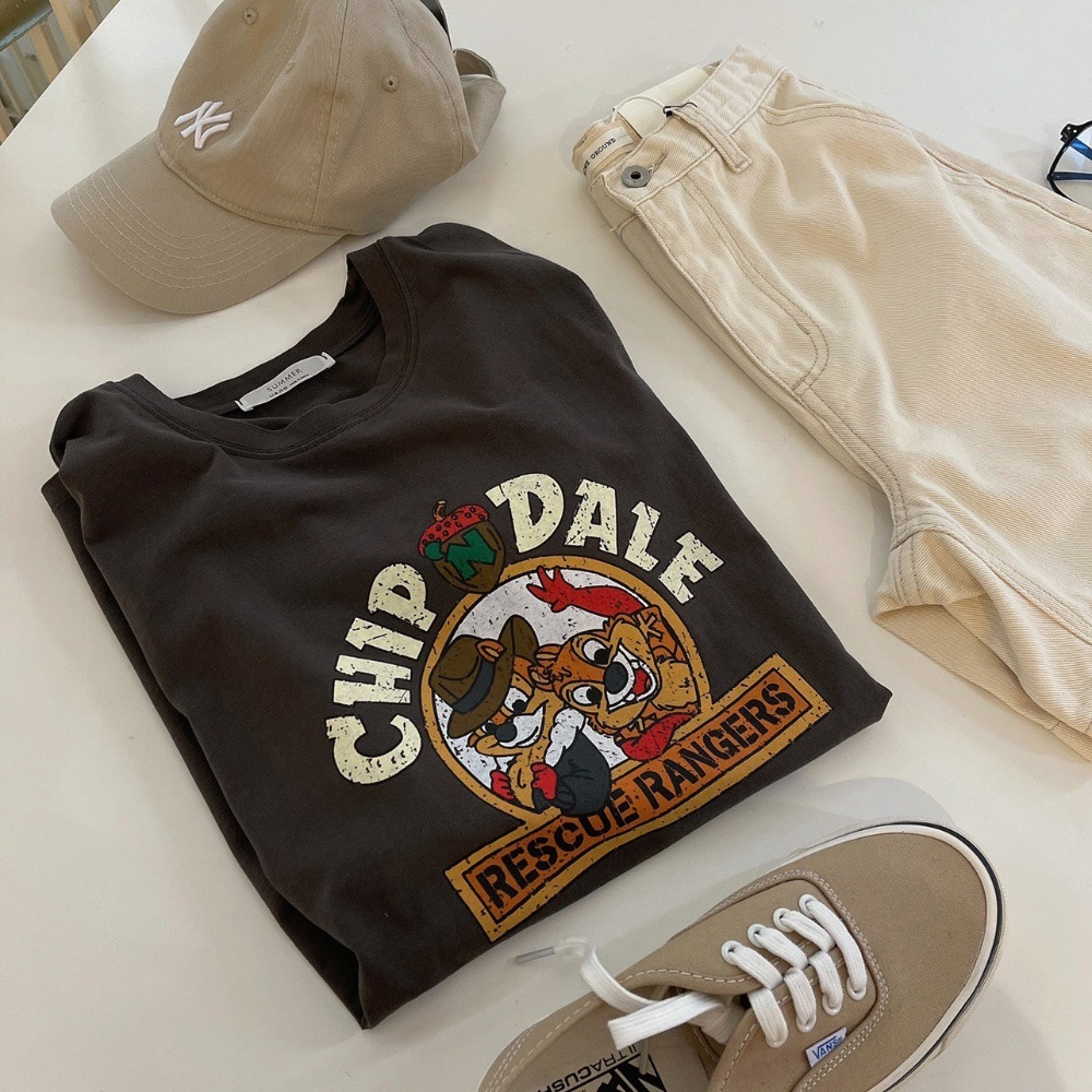 【三番雜貨屋】松鼠好朋友 棉質上衣 短袖 寬鬆美式復古 原宿慵懶風 日系少女感-細節圖4